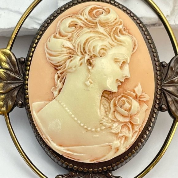 Large Lady Rose Antique Brass Style Cameo - Picture 9 of 9